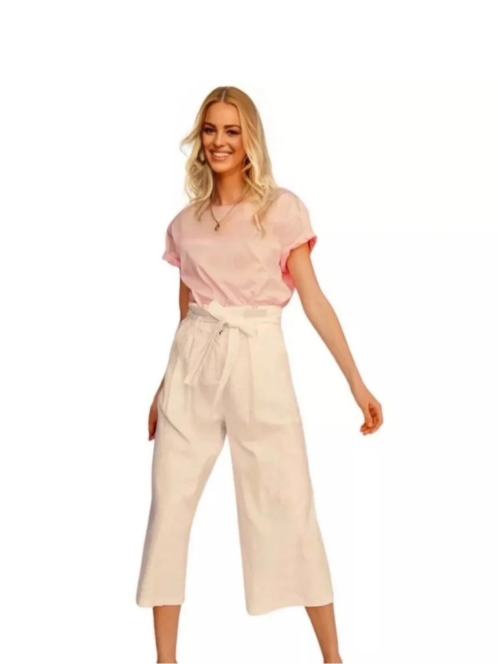 LPA Linen Wide Leg Paperbag High Waist Self Tie Pleated Trousers in Ivory